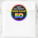 [ Thumbnail: 50th Birthday: Colorful Rainbow # 50, Custom Name Round Sticker ]