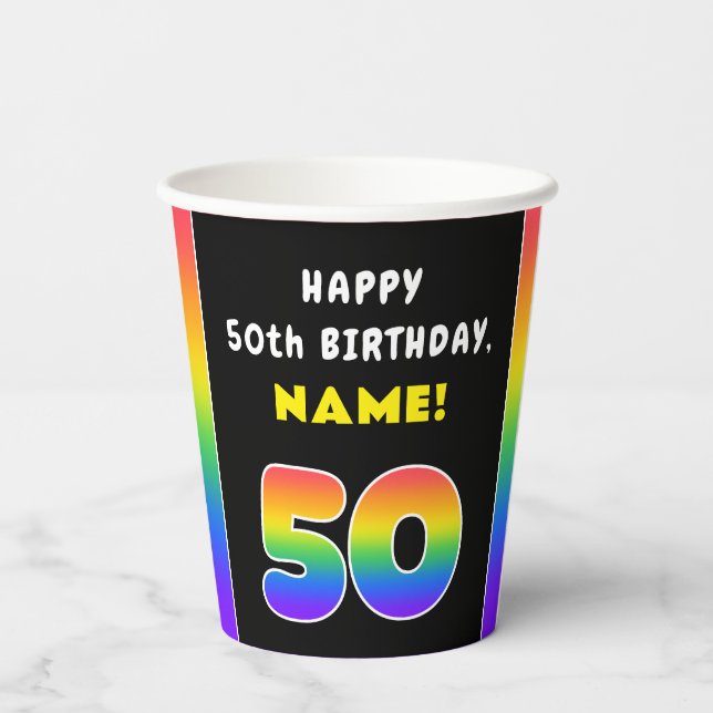 50th Birthday: Colorful Rainbow # 50, Custom Name Paper Cups (Back)