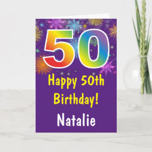 50th Birthday Colorful Rainbow Fireworks Purple Card