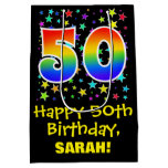 [ Thumbnail: 50th Birthday: Colorful Stars Pattern & Rainbow 50 Gift Bag ]