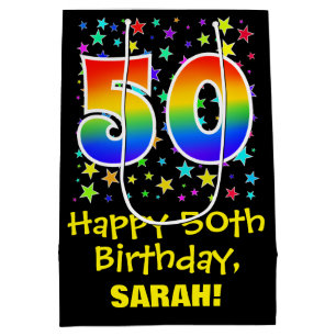 50th Birthday: Colorful Stars Pattern & Rainbow 50 Medium Gift Bag