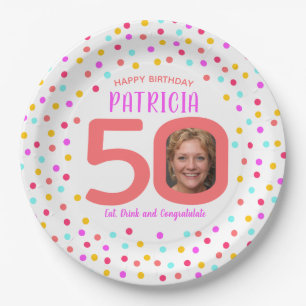 50th birthday confetti coral and pink photo paper plates