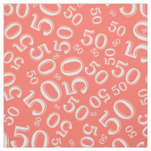 50th Birthday Cool Number Pattern Coral/White Fabric