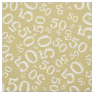 50th Birthday Cool Number Pattern Gold/White Fabric