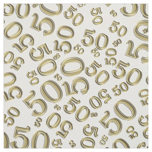 50th Birthday Cool Number Pattern Gold/White Fabric