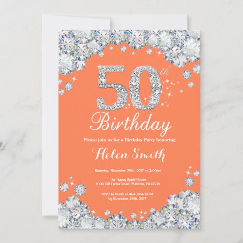 50th Birthday Coral and Silver Diamond Invitation