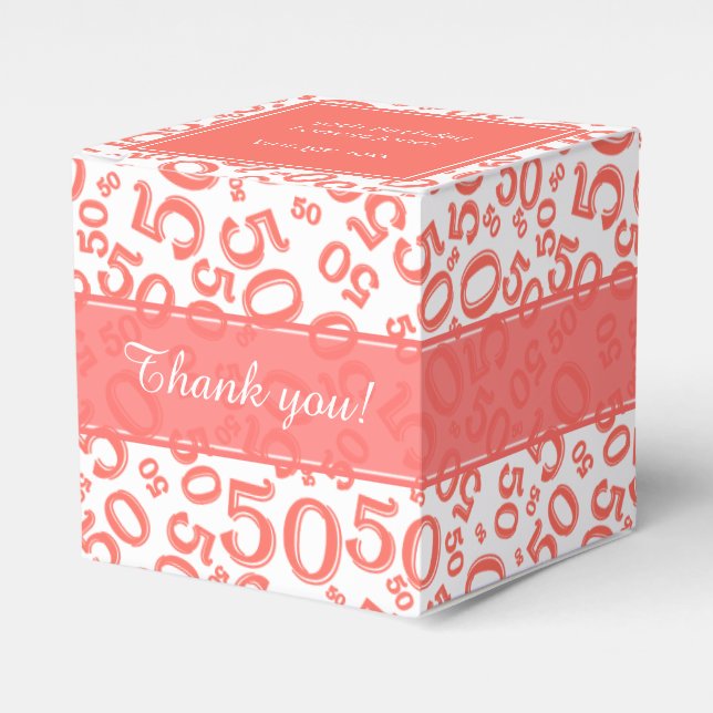 50th Birthday Coral/White Number Pattern Favor Boxes (Front Side)