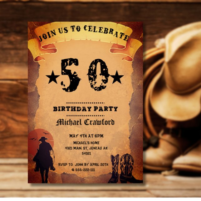 50th birthday cowboy old paper horse riding party invitation (Creator Uploaded)