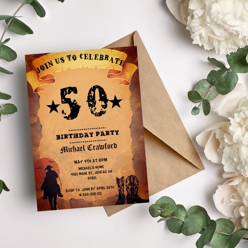 50th birthday cowboy old paper horse riding party invitation