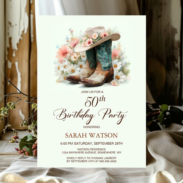 50th Birthday Cowgirl Boots and Hat Birthday Party Invitation (Creator Uploaded)