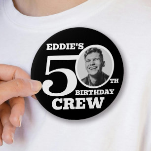 50th Birthday crew black custom photo name Button