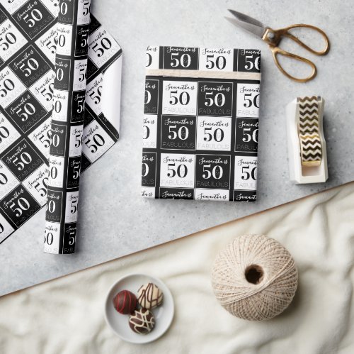 50th Birthday Custom Name 50 Fab Black White Check Wrapping Paper