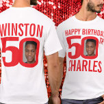 50th birthday custom name and photo template red T-Shirt<br><div class="desc">Happy 50th Birthday bright red and white text, custom front, and back photo, and name t-shirt. Fun 50th personalized photo in bold red and contrasting white birthday tee design. Personalize this birthday shirt with two photographs of the birthday person in the middle of the number 0 on the front and...</div>