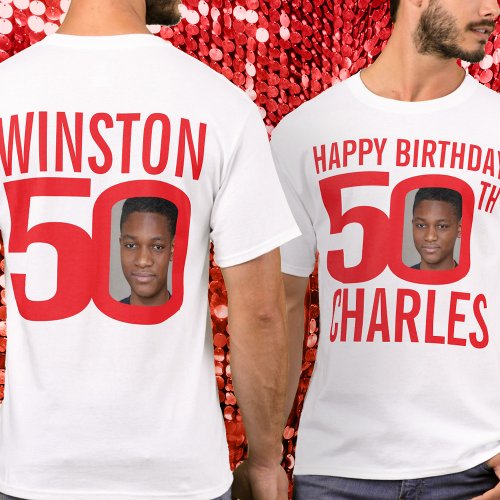 50th birthday custom name and photo template red T_Shirt