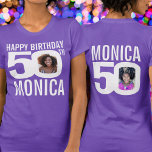 50th birthday custom name photo template white  T-Shirt<br><div class="desc">Happy 50th Birthday white text, custom front, and back photo, and name on the dark color of your choice t-shirt. Fun 50th personalized photo in white birthday tee design. Personalize this birthday shirt with two photographs of the birthday person in the middle of the number 0 on the front and...</div>