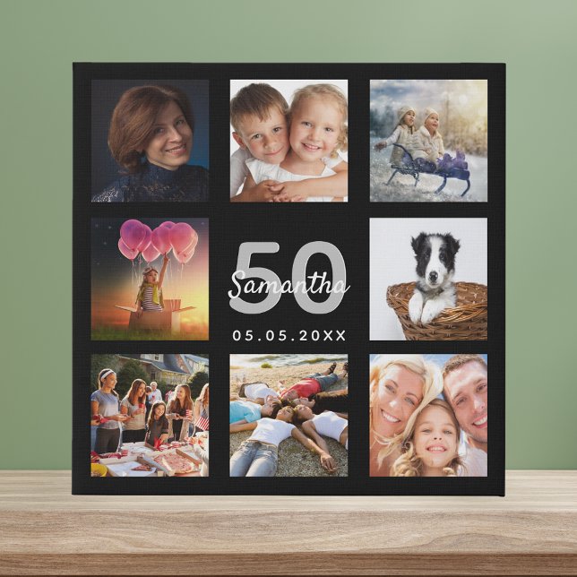 50th birthday custom photo collage black monogram faux canvas print (Creator Uploaded)