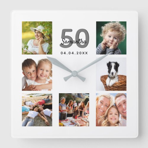 50th birthday custom photo collage family square wall clock