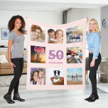50th birthday custom photo collage rose gold pink fleece blanket<br><div class="desc">A gift for a woman's 50th birthday, celebrating her life with a collage of 8 of your photos of her friends, family, interest or pets. Personalize and add her name, age 50 and a date. Date of birth or the date of the birthday party. Pink and purple colored letters. Girly...</div>