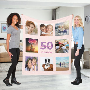 50th birthday custom photo collage rose gold pink fleece blanket