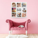 50th birthday custom photo collage white monogram faux canvas print<br><div class="desc">A unique 50th birthday gift or keepsake, celebrating her life with a collage of 8 of your photos. Add images of her family, friends, pets, hobbies or dream travel destination. Personalize and add a name, age 50 and a date. Gray and black colored letters. A chic white background. This canvas...</div>