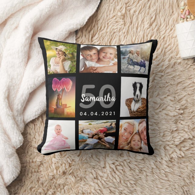 50th birthday custom photo collage woman black throw pillow (Blanket)