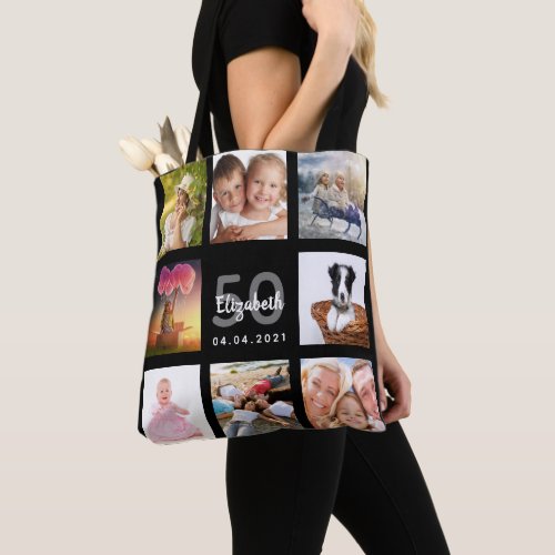 50th birthday custom photo collage woman black tote bag