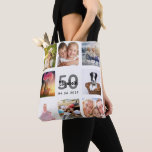 50th birthday custom photo collage woman white tote bag<br><div class="desc">A unique gift for a woman's 50th birthday, celebrating her life with a collage of 8 of your own photos, pictures. Personalize and add her name, age 50 and a date. A chic white background. Gray and black letters and numbers. The name is written with a modern hand lettered style...</div>