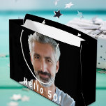 50th birthday custom photo hello 50 fifty guy man large gift bag<br><div class="desc">Template for Your photo.  White text overlay: Hello 50!  A gift bag for a 50th birthday party for him.  Black bacground color.</div>