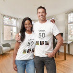 50th birthday custom photo monogram guy T-Shirt<br><div class="desc">For a 50th birthday as a gift or for the party. A collage of 3 of your photos of himself friends,  family,  interest or pets.  Personalize and add his name,  age 50 and a date.  Date of birth or the date of the birthday party.  Gray and black colored text.</div>