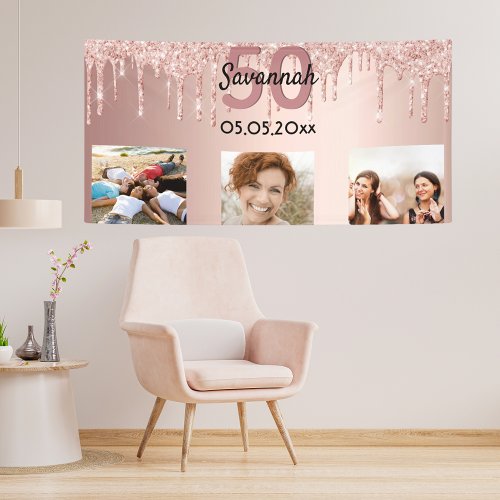 50th birthday custom photo rose gold pink glitter banner