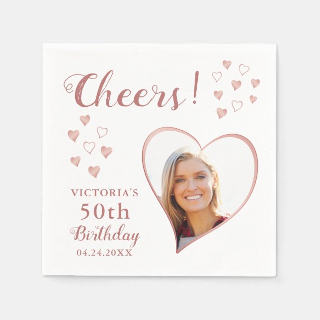 50th Birthday Custom Photo Rose Gold White Cheers Napkins (Front)