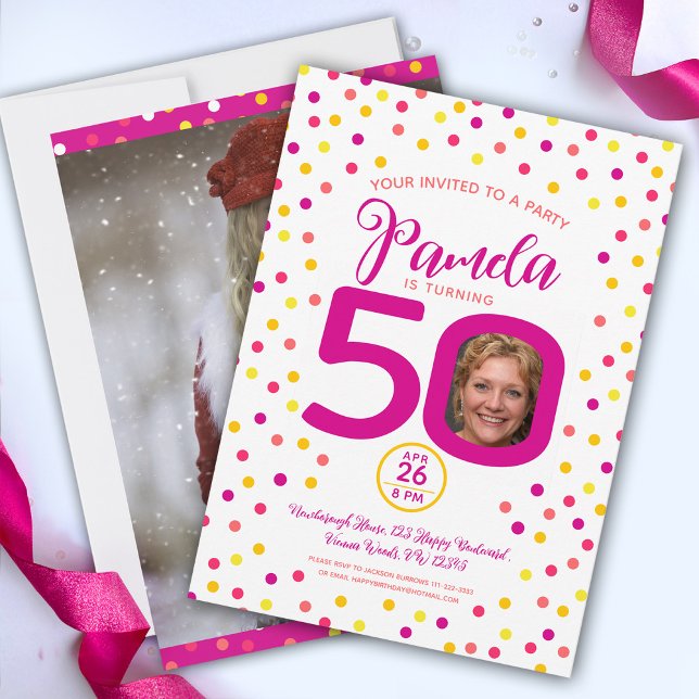 50th birthday custom photos pink yellow confetti invitation (Creator Uploaded)