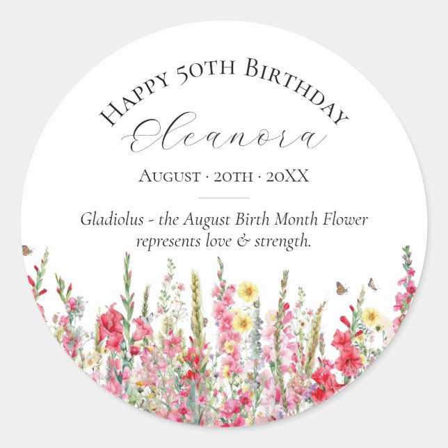 50th Birthday Custom Sticker August Birth Flower (Front)