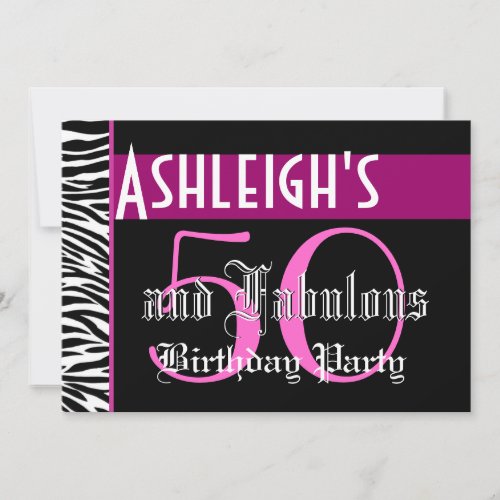 50th Birthday Custom Template - Zebra Pink Black Invites