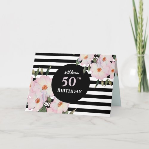 50th Birthday Custom Watercolor Roses Stripes Card