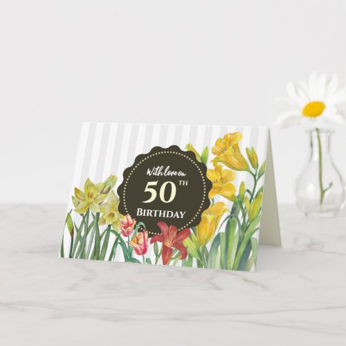 50th Birthday Custom Yellow Orange Spring Flowers Card