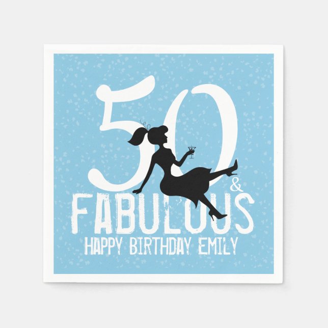 50th Birthday Cute Blue Party Silhouette Martini Napkins (Front)