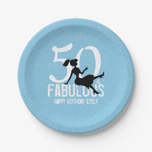 50th Birthday Cute Chic Girly Blue Silhouette Paper Plates