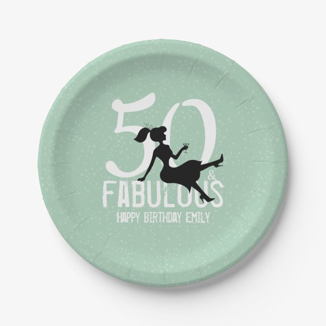 50th Birthday Cute Chic Girly Green Silhouette  Paper Plates (Front)