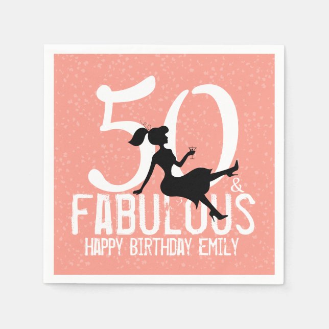 50th Birthday Cute Party Silhouette Peach Template Napkins (Front)