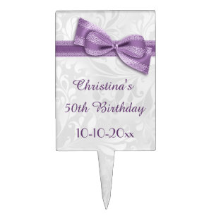 50th Birthday Damask and Faux Bow Cake Topper