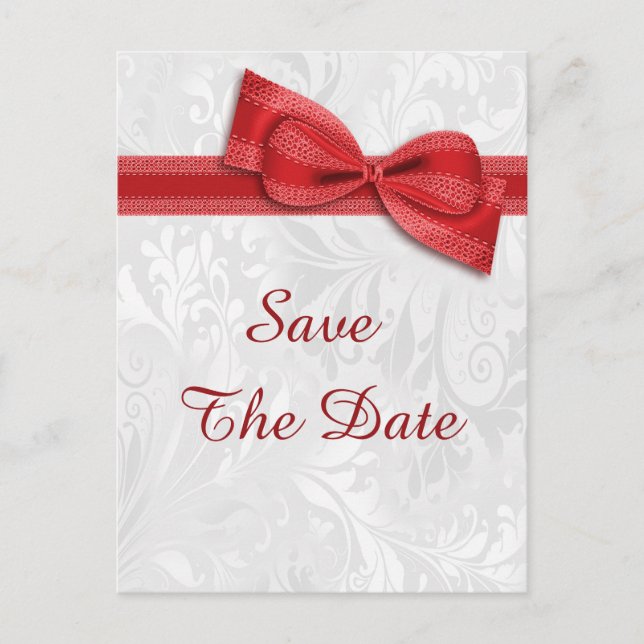 50th Birthday Damask and Faux Bow Save The Date Announcement Postcard (Front)