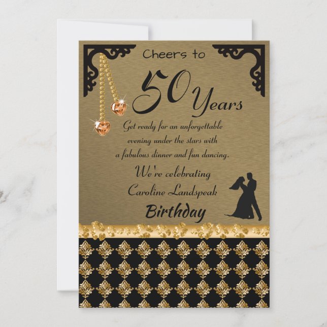 50th Birthday Dance Party  Orange Heart Gem Damask Invitation (Front)