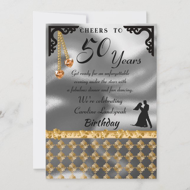 50th Birthday Dance Party Silver Foil Orange Heart Invitation (Front)