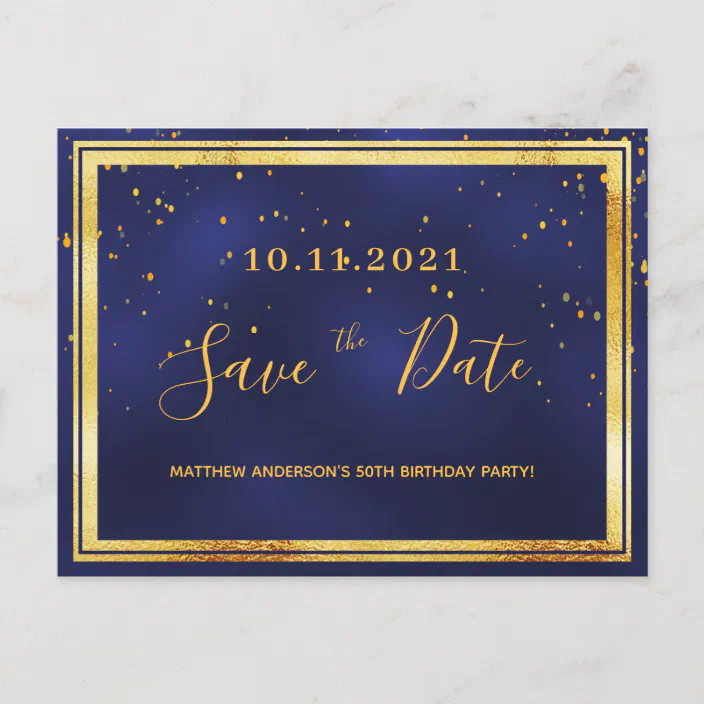 50th Birthday Dark Blue Gold Save The Date Postcard Zazzle Com