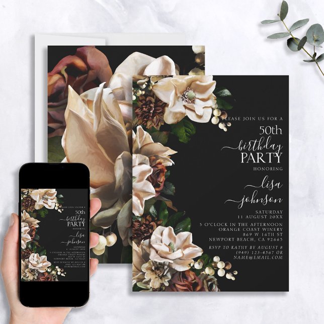 50th Birthday Dark Moody Neutral Magnolia Floral Invitation (Creator Uploaded)
