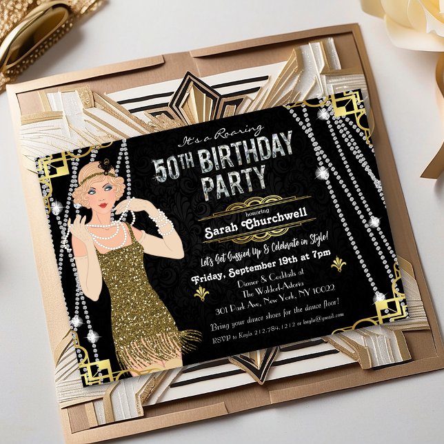 50th Birthday Deco Gatsby Flapper Girl Invitation (Creator Uploaded)