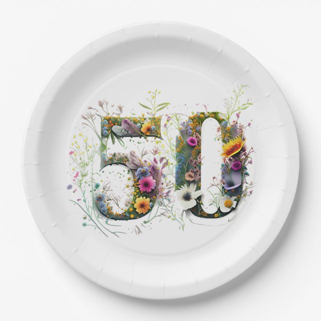 50th Birthday Decorative Wildflower Text Paper Plates (Front)