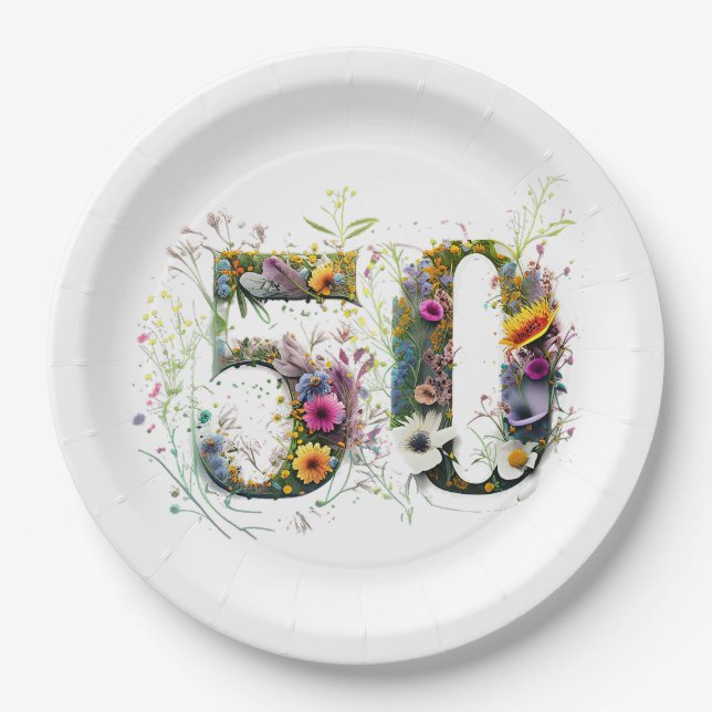 50th Birthday Decorative Wildflower Text Paper Plates (Front)