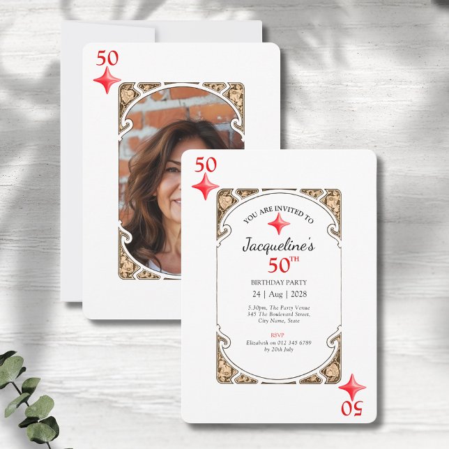 50th Birthday Diamond Playing Card Invitation (50th birthday party invitations in an art deco playing card style on a grey wood background.)